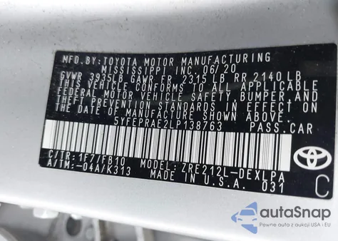 2020 Toyota Corolla Le из США, поврежденный, VIN 5YFEPRAE2LP138763